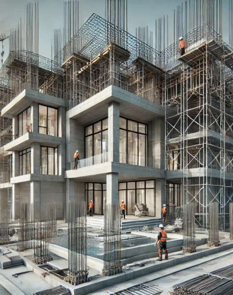 DALL·E 2025-02-10 01.23.27 - A luxury villa under construction, showcasing the framework and structural integrity. The image features a modern architectural design with exposed co
