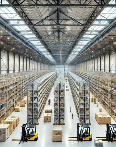 DALL·E 2025-02-10 01.23.49 - A completed modern warehouse, demonstrating spacious and well-planned storage solutions. The warehouse features high ceilings, organized shelving syst