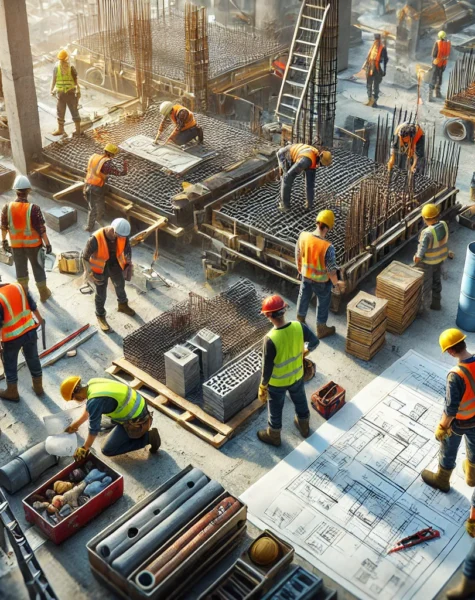 DALL·E 2025-02-10 01.24.16 - Construction workers on-site, illustrating safety measures and skilled labor. The scene features workers wearing helmets, reflective vests, gloves, an