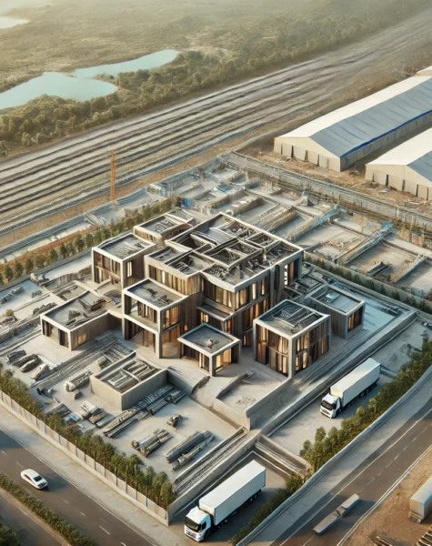 DALL·E 2025-02-10 01.25.53 - An aerial view of a villa or warehouse project, showcasing scale and architectural precision. The image captures a large construction site with a part