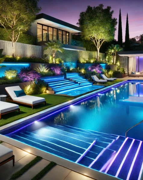 DALL·E 2025-02-10 03.00.41 - A luxurious backyard pool with LED lighting, creating a stunning ambiance. The pool features crystal-clear water, surrounded by modern landscaping wit