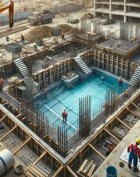 DALL·E 2025-02-10 03.01.23 - A construction site of a swimming pool, showing its structural foundation. The image features an excavated pool area with steel reinforcements, concre