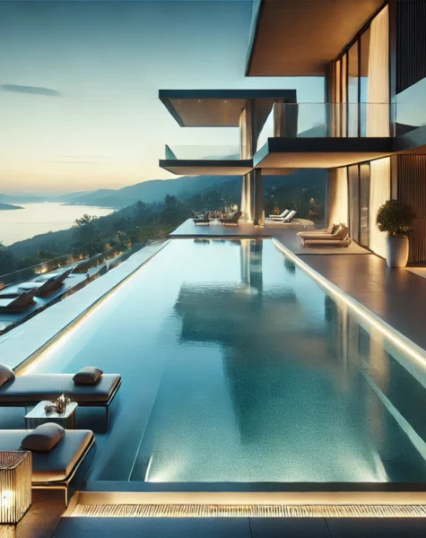 DALL·E 2025-02-10 03.01.44 - A modern infinity pool in a high-end villa, overlooking a stunning landscape. The pool features crystal-clear water seamlessly blending with the horiz