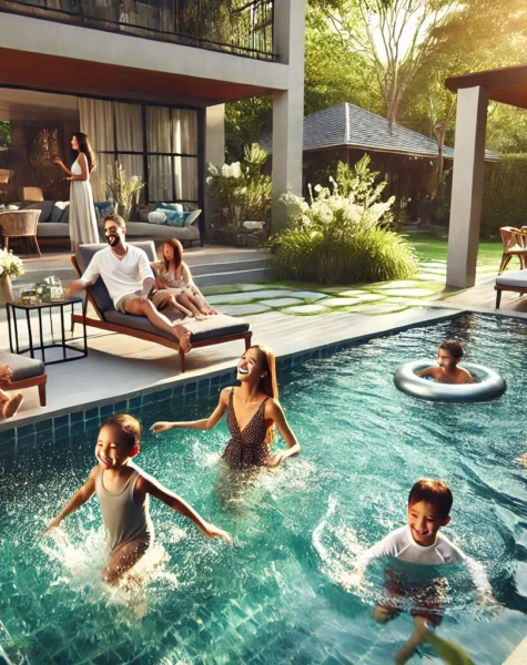 DALL·E 2025-02-10 03.02.07 - A happy family enjoying a professionally built swimming pool in a luxurious backyard. The scene features parents and children splashing, swimming, and
