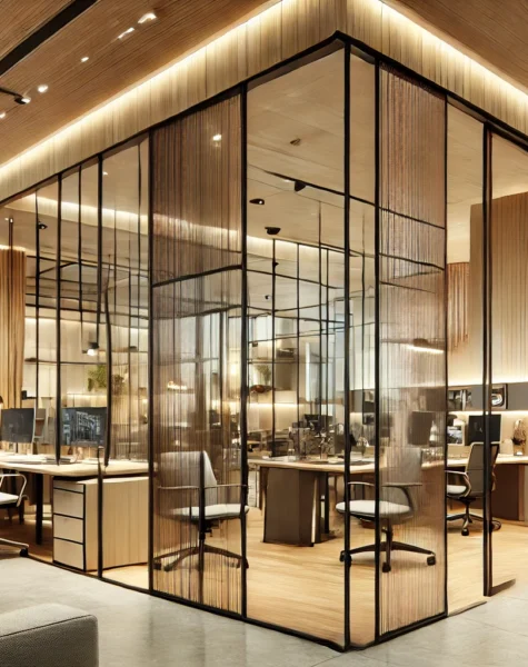 DALL·E 2025-02-10 03.12.16 - A modern commercial interior featuring customized partitions. The space showcases sleek glass and wood partitions, creating an open yet private work e