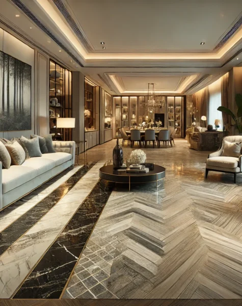 DALL·E 2025-02-10 03.12.38 - A luxury residential interior showcasing custom flooring. The scene features an elegant living space with high-end materials such as marble, hardwood,
