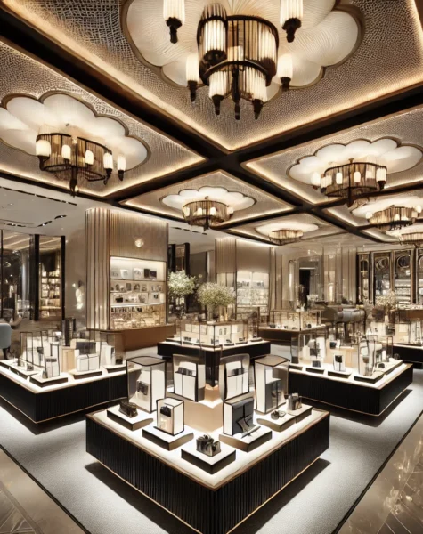 DALL·E 2025-02-10 03.13.08 - A retail showroom featuring stylish ceiling and lighting installations. The space is designed with a modern aesthetic, incorporating recessed lighting