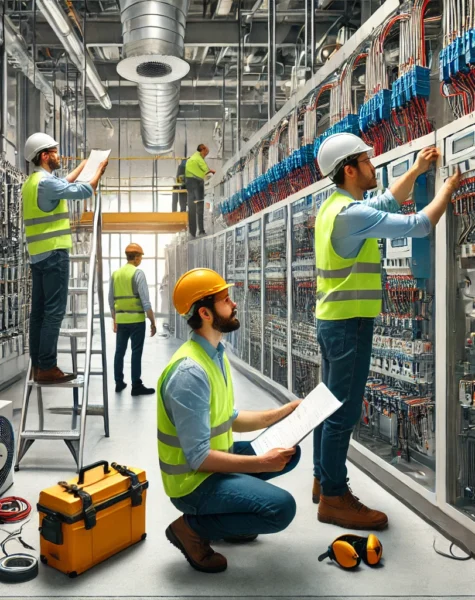 DALL·E 2025-02-10 03.26.44 - Engineers installing electromechanical systems in a high-tech environment. The scene features professionals in safety gear, including helmets and refl