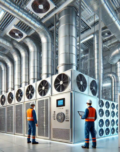 DALL·E 2025-02-10 03.27.09 - A professional HVAC and air filtration system setup in a modern commercial or industrial facility. The scene features large air ducts, vents, and air