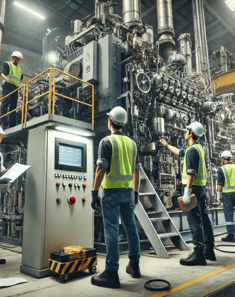 DALL·E 2025-02-10 03.27.27 - A maintenance team working on industrial equipment in a factory or large facility. The scene features engineers and technicians wearing safety gear, i