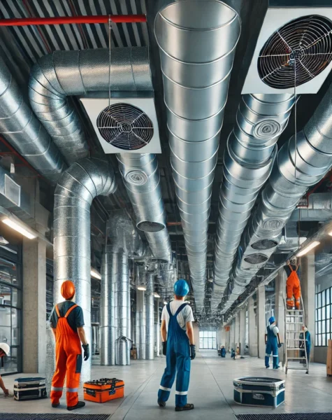 DALL·E 2025-02-10 11.33.23 - HVAC duct installations in a commercial building. The image features a professional team installing large metal air ducts along the ceiling, ensuring