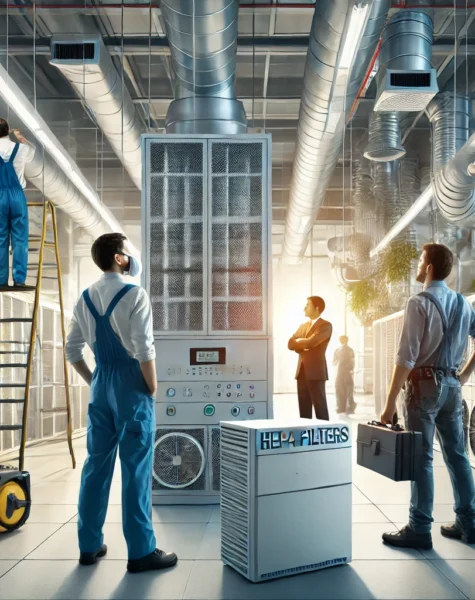 DALL·E 2025-02-10 11.33.39 - A team of professionals setting up air filtration units in a modern commercial or industrial building. The scene features engineers and technicians in