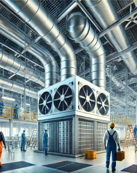 DALL·E 2025-02-10 11.36.04 - An advanced ventilation system in an industrial space. The image showcases a high-tech HVAC setup with large metal air ducts, industrial exhaust fans,