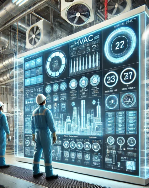 DALL·E 2025-02-10 11.36.36 - A modern control panel regulating HVAC efficiency in an industrial or commercial setting. The panel features digital screens, temperature and airflow