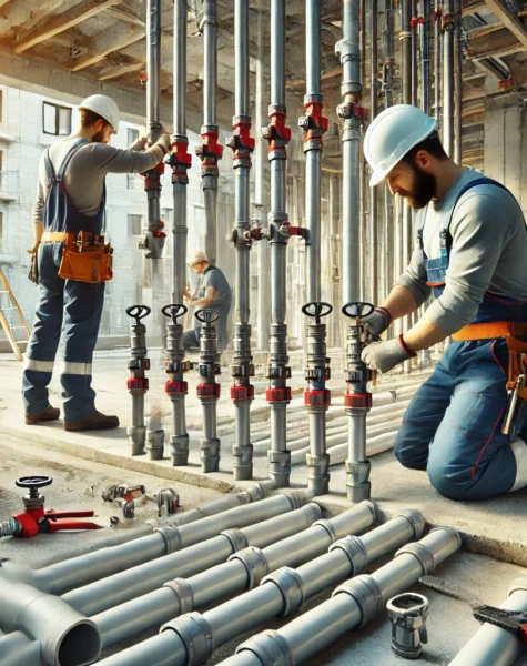DALL·E 2025-02-14 16.13.49 - A team of professionals installing water pipelines in a residential building under construction. The image features workers in safety gear connecting
