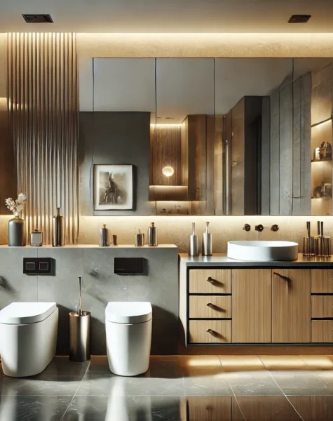 DALL·E 2025-02-14 16.19.23 - A modern bathroom with premium sanitary installations. The space features high-end fixtures, including a sleek vanity, stylish faucets, a rainfall sho