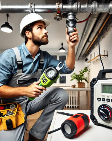 DALL·E 2025-02-14 16.20.42 - Leak detection and maintenance work in progress. The image features a professional plumber using advanced tools to detect and fix a water leak in a re