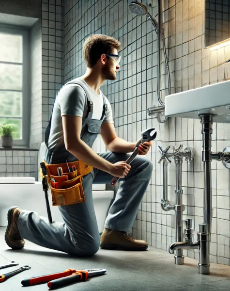 DALL·E 2025-02-14 16.23.42 - A professional plumber working on sanitary fixtures in a modern bathroom. The scene features the plumber wearing safety gear, using tools to install o