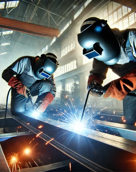 DALL·E 2025-02-14 16.40.29 - Skilled technicians welding a metal structure in an industrial setting. The scene features workers in safety gear, including welding helmets, gloves,
