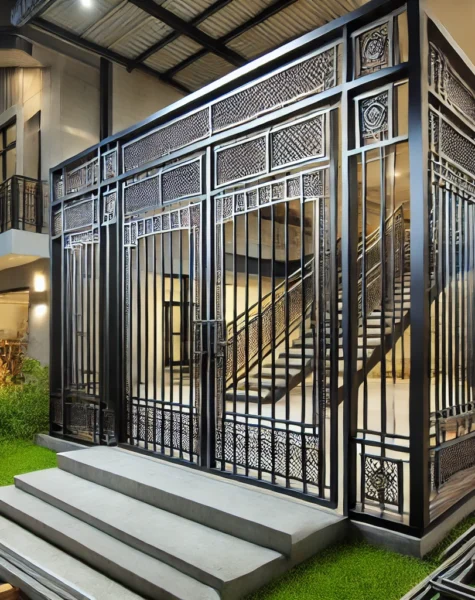 DALL·E 2025-02-14 16.40.55 - A completed steel fabrication project showcasing high-quality craftsmanship, such as railings or gates. The image features a modern, sleek steel gate