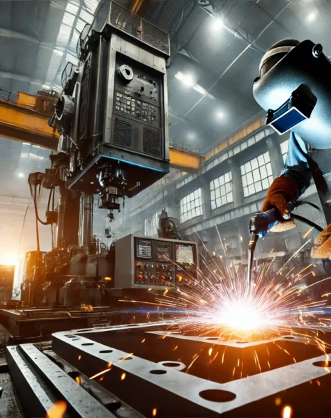 DALL·E 2025-02-14 16.41.37 - Industrial equipment undergoing custom metal fabrication in a professional workshop. The scene features skilled technicians in safety gear using weldi