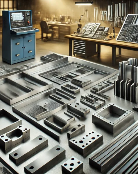 DALL·E 2025-02-14 16.47.14 - Precision-cut metal components ready for installation in an industrial workshop. The image features neatly arranged steel plates, beams, and custom-sh