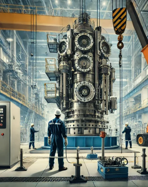 DALL·E 2025-02-14 17.09.04 - Industrial machinery being installed by professionals in a high-tech facility. The image features engineers and technicians in safety gear, using tool