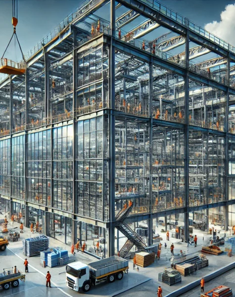 DALL·E 2025-02-14 17.10.18 - A large-scale commercial structure in the final installation phase. The image features a nearly completed modern building with glass facades, steel fr