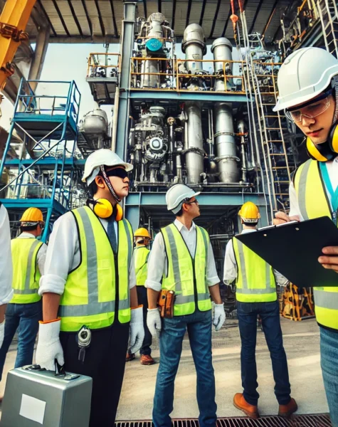 DALL·E 2025-02-14 17.10.47 - Safety inspections during an installation project. The image features safety officers and engineers in protective gear, including helmets and high-vis