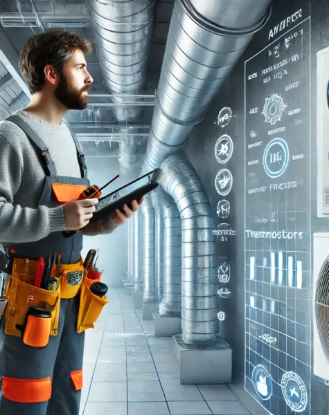 DALL·E 2025-02-14 17.21.25 - A technician conducting a routine HVAC system check in a commercial or residential setting. The scene features a professional in safety gear inspectin