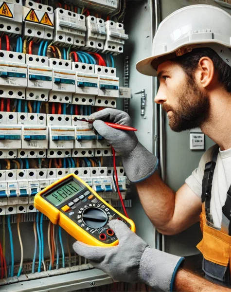 DALL·E 2025-02-14 17.21.46 - An electrical panel inspection to prevent overload failures. The image features a professional electrician in safety gear, including insulated gloves