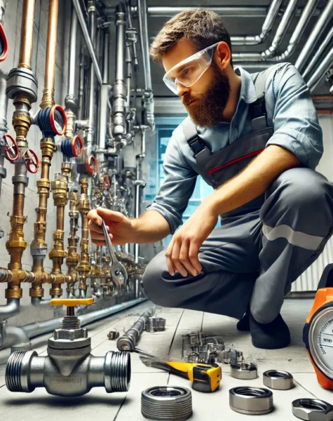 DALL·E 2025-02-14 17.22.16 - A professional plumber performing plumbing system maintenance for leak prevention. The scene features a technician in safety gear inspecting pipes, ti