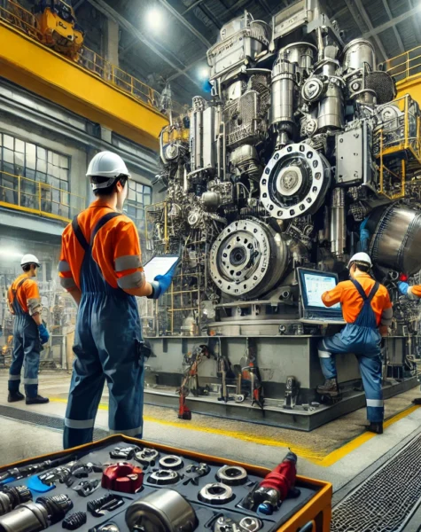 DALL·E 2025-02-14 17.22.47 - Industrial machinery undergoing preventive servicing in a high-tech facility. The image features skilled technicians in safety gear inspecting and mai
