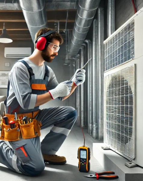 DALL·E 2025-02-14 17.36.59 - A technician repairing an air conditioning unit in a residential or commercial setting. The image features a professional in safety gear using special