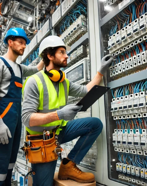 DALL·E 2025-02-14 17.37.39 - Electricians working on an industrial electrical panel in a high-tech facility. The image features professionals in safety gear, including insulated g
