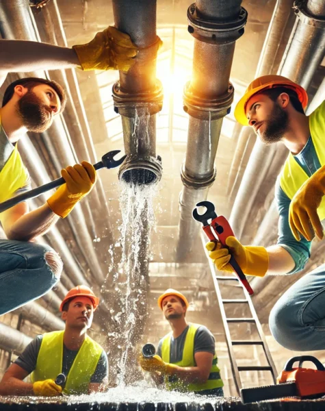 DALL·E 2025-02-14 17.38.02 - Plumbers fixing a pipe leakage in a commercial property. The image features professionals in safety gear, including gloves and reflective vests, using