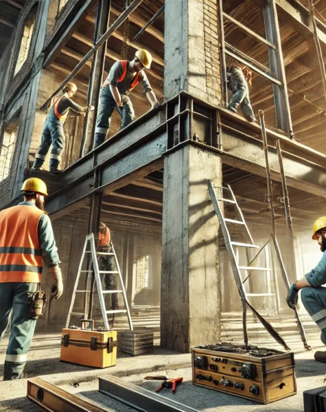DALL·E 2025-02-14 17.40.07 - A maintenance crew conducting structural repairs on a commercial or residential building. The image features workers in safety gear, including helmets